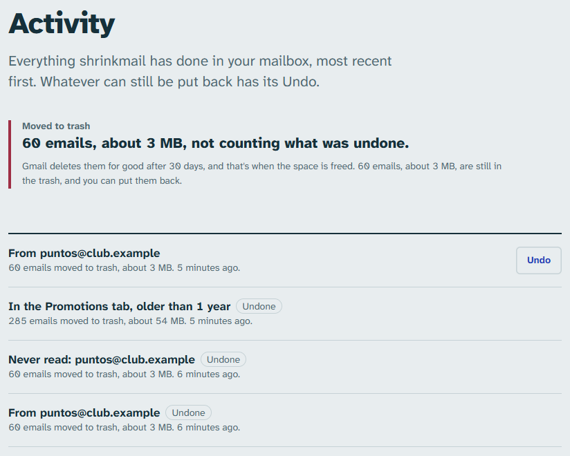 Activity: the cleanup history, with what was undone marked.