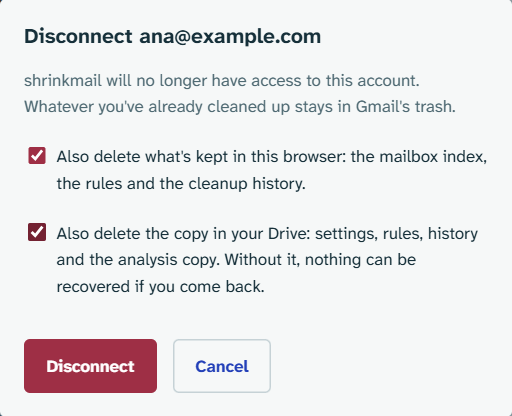 The disconnect dialog with both boxes ticked: delete what's stored in the browser and the copy in Drive.