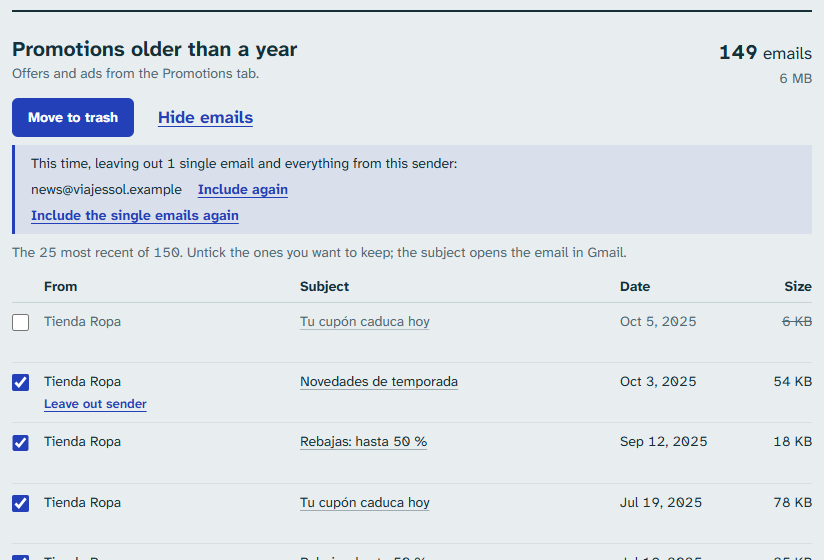 The “Promotions older than a year” quick cleanup with the list of emails to review, each with its checkbox.