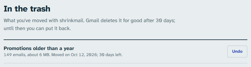 “In the trash”: what was moved with shrinkmail, the days left and the “Undo” button.
