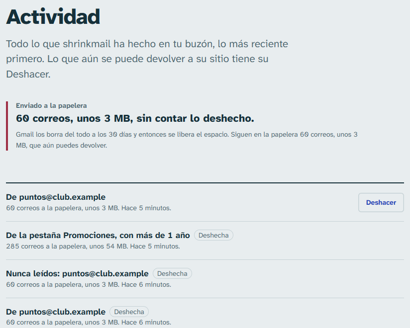 Actividad: el historial de limpiezas, con lo deshecho marcado.