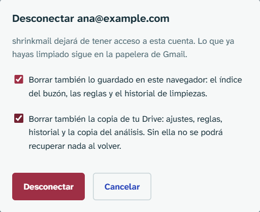 Diálogo para desconectar con las dos casillas marcadas: borrar lo guardado en el navegador y la copia de Drive.