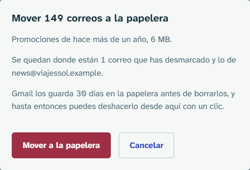 Diálogo «Mover a la papelera» que dice cuántos correos son, qué se queda y que se puede deshacer durante 30 días.