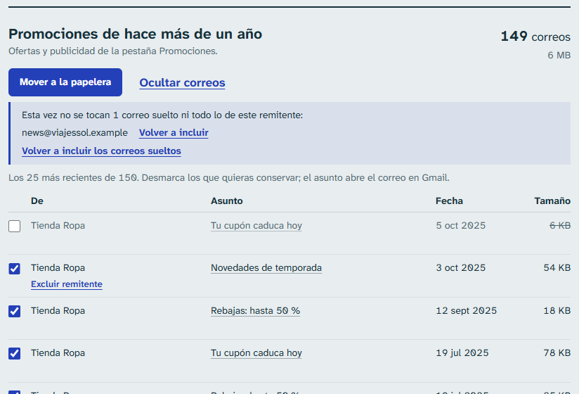Limpieza rápida «Promociones de hace más de un año» con la lista de correos para revisar, cada uno con su casilla.
